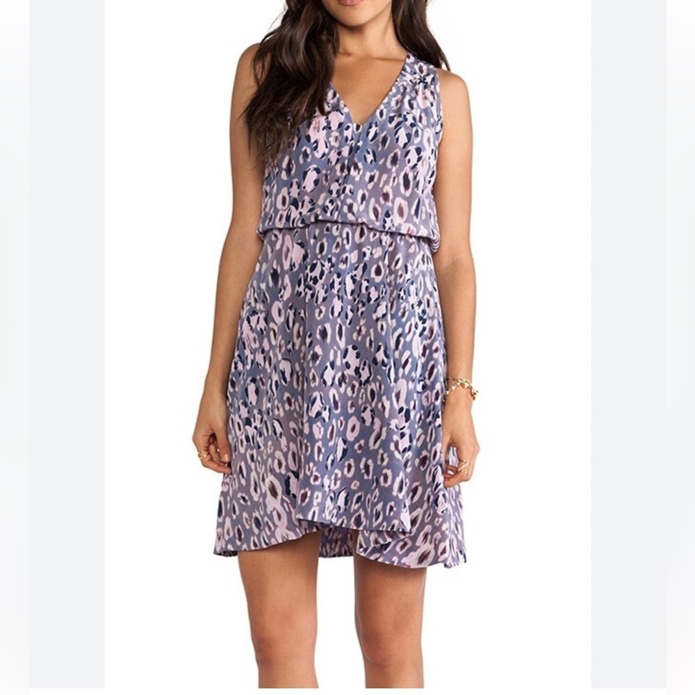 Rebecca Taylor Purple Pink Leopard Print Silk V-Neck Blouson‎ Mini Dress Size 4